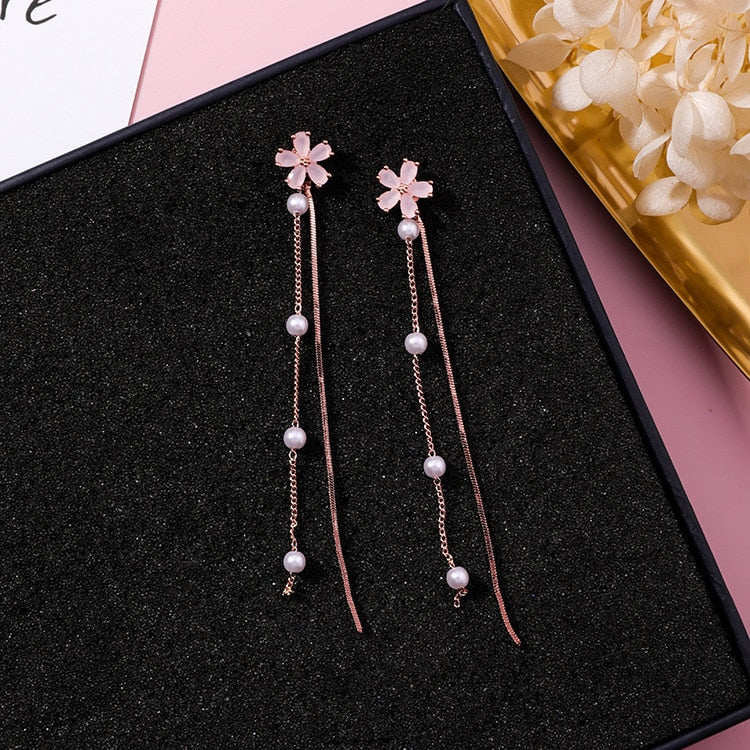 New Korean Elegant Pink Flower Super Long Earrings For Women