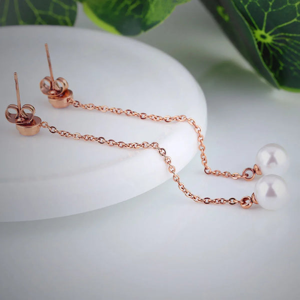 Simple Rose Gold Color Simulated Pearl Section Tassel Drop Earrings