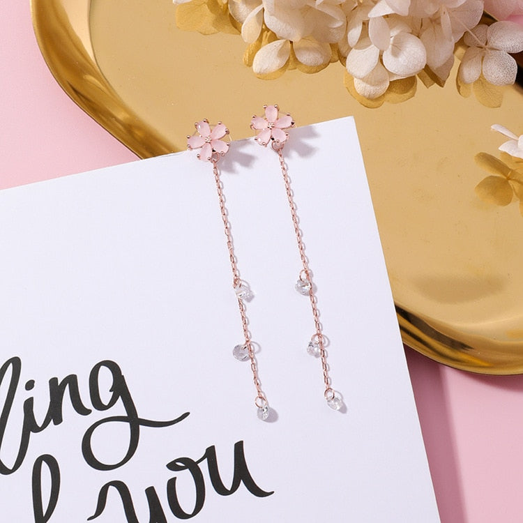 New Korean Elegant Pink Flower Super Long Earrings For Women