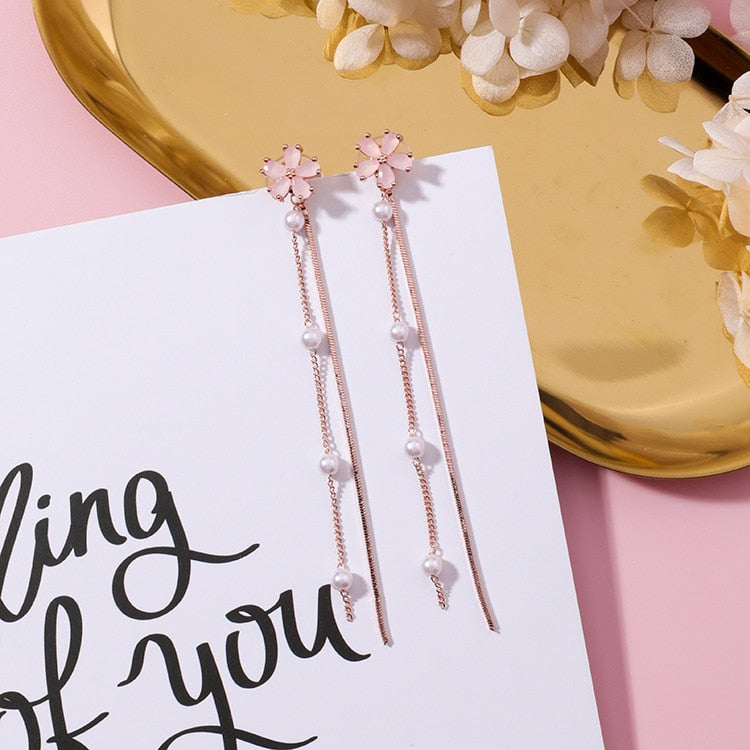 New Korean Elegant Pink Flower Super Long Earrings For Women