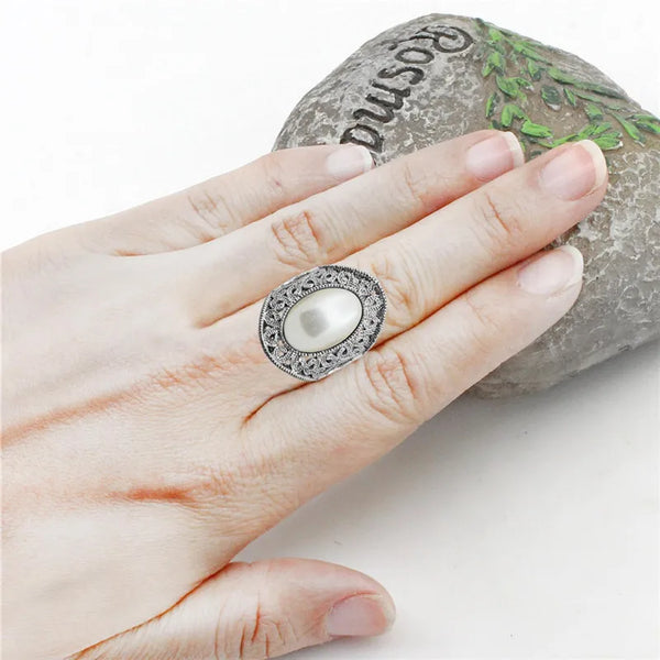 Oval Pearl Rings For Women Vintage Hollow Flower Rings