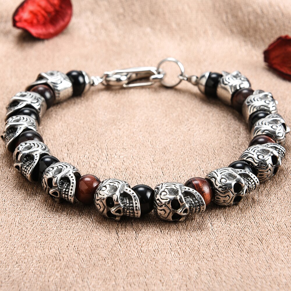 Natural Stone Skull Beads Bracelet Men Gold Plated Stainless Steel Mens Boys Skeleton Bracelets