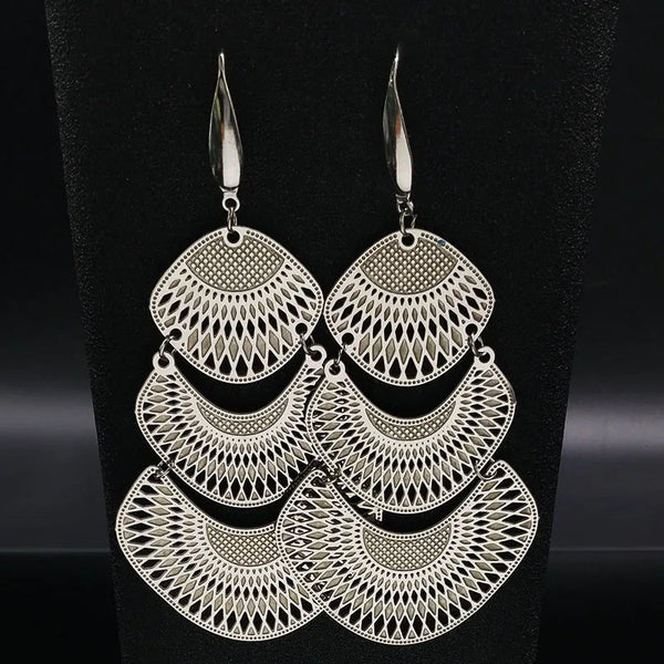 Fashion Silver Color Stainless Steel Statement Earrings for Women Big Long Ethnic Earrings