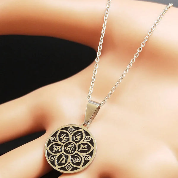 YOGA Lotus Stainless Steel Statement Necklace Women Silver Color Buddhism Om Necklace