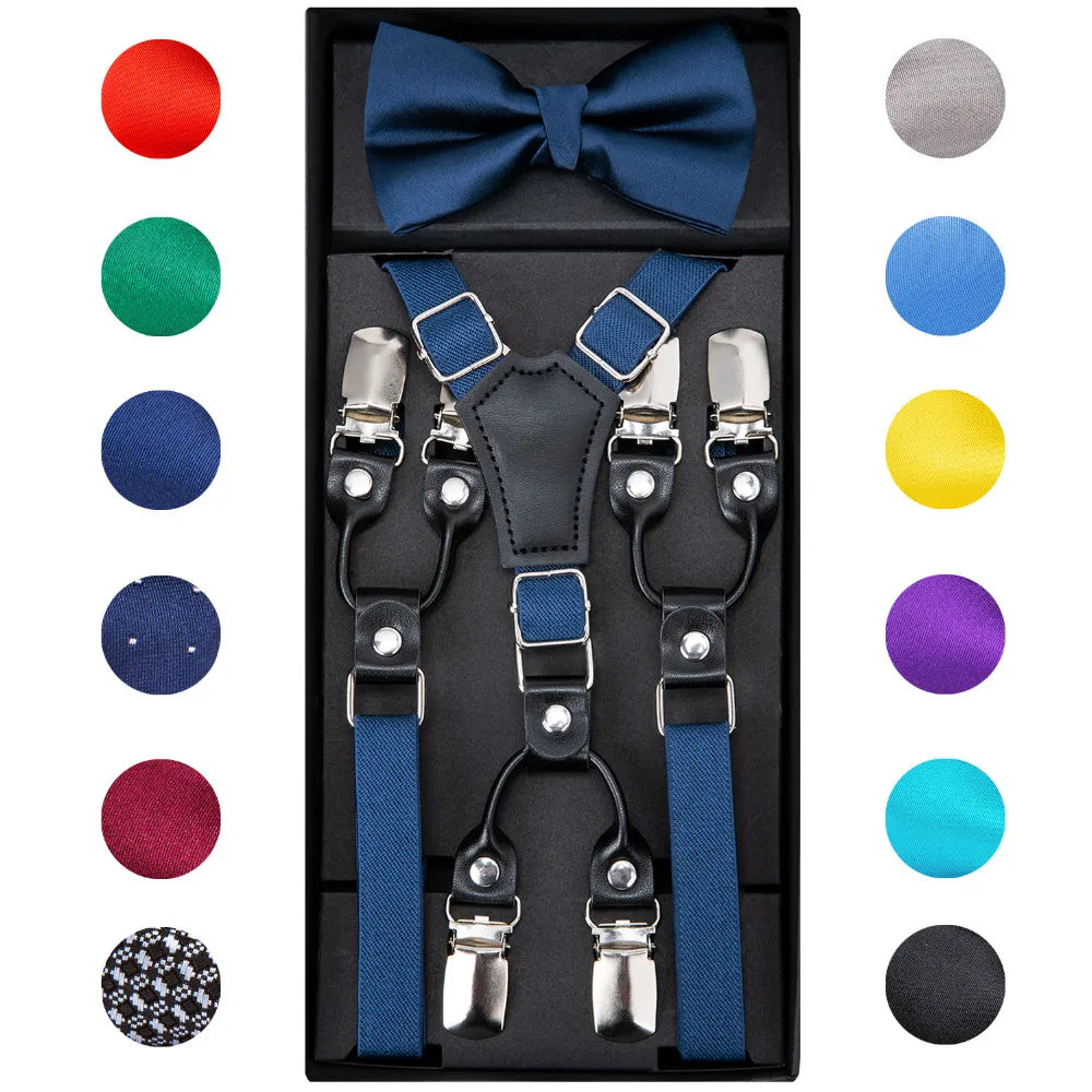 6 Clips Kids Leather Suspenders Straps Bow Tie