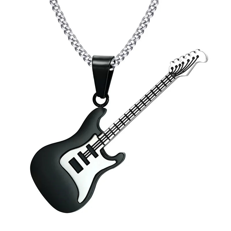 Men Musical Jewelry Stainless Based Rock HipHop Electric Guitar Bass Pendant Necklace for Women