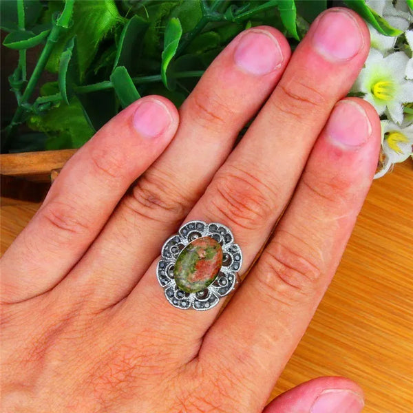 Oval Unique Natural Green Unakite Ring For Women