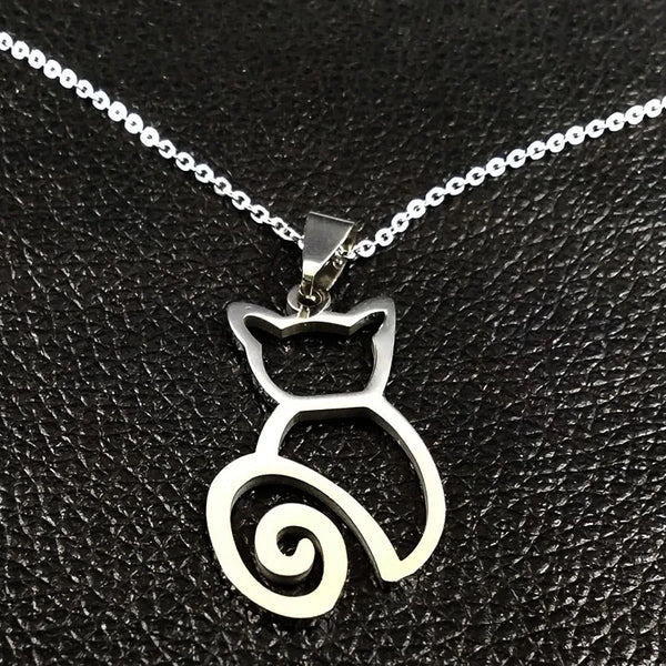 Fashion Cat Stainless Steel Chain Necklace for Women Silver Color Necklaces & Pendants