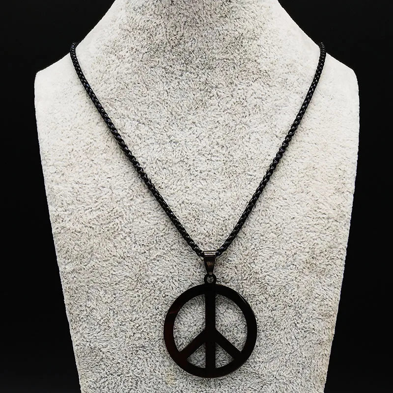 Goth Punk Peace Sign Symbol Pendant Necklace Men Black Color