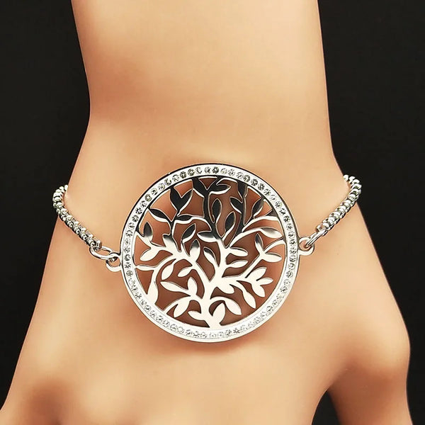 Fashion Tree of Life Crystal Stainless Steel Women Silver Color Bracelets Bangles