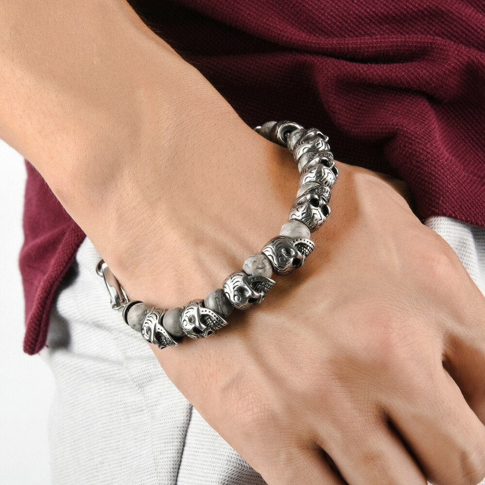 Vintage Stainless Steel Skull Beads Bracelet Men