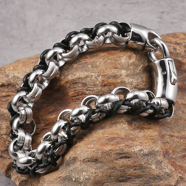 10MM Wide Handmade Braided Leather & 316L Stainless Steel Chain Bracelet Men