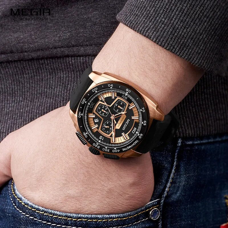 Males Mens Chronograph Sport Watches with Quartz Movement Rubber Band Luminous Wristwatch