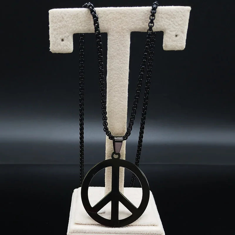 Goth Punk Peace Sign Symbol Pendant Necklace Men Black Color