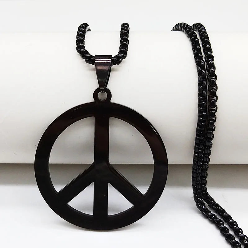 Goth Punk Peace Sign Symbol Pendant Necklace Men Black Color