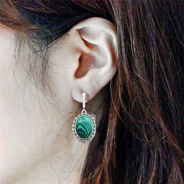 Big Oval Flower Pendant Malachite Earrings For Women