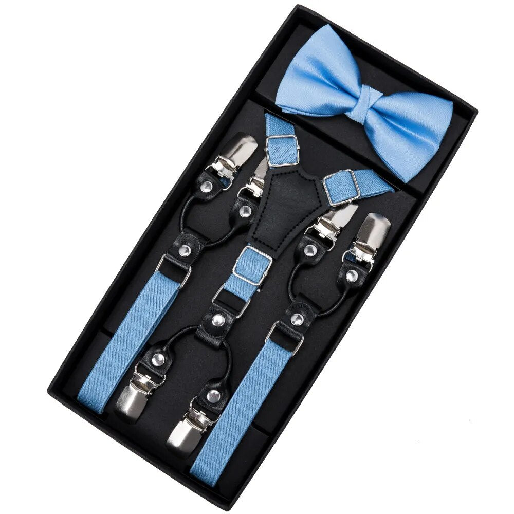 6 Clips Kids Leather Suspenders Straps Bow Tie