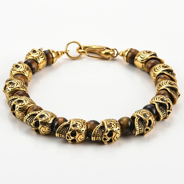 Natural Stone Skull Beads Bracelet Men Gold Plated Stainless Steel Mens Boys Skeleton Bracelets