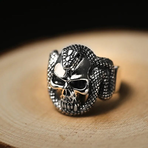 925 Sterling Silver Skull Ring Men With Snake Big Punk Rock Gift