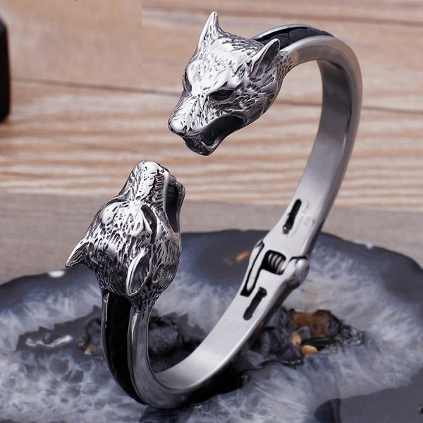 Wolf Head Open Bangles for Men Stainless Steel Mens Bracelets