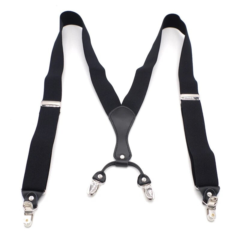 Black Genuine Leather Suspenders for Men Polyester Elastic Women Strap