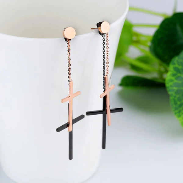 Trendy Simple Double-decked Long Drop Earrings Exquisite Two-color Dangle Earrings