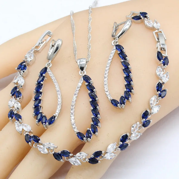 Wedding Party Blue Stones Earrings Bracelet Ring Necklace Pendant Gift