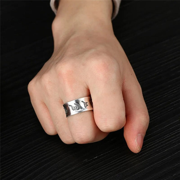 S999 Sterling Silver Men Rings Buddhist Om Mani Padme Hum Heart Sutra Ring