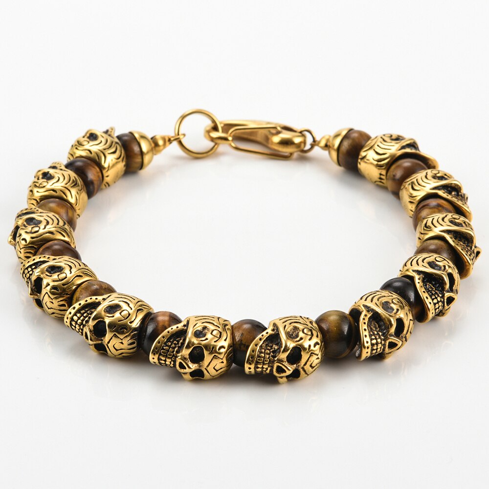 Natural Stone Skull Beads Bracelet Men Gold Plated Stainless Steel Mens Boys Skeleton Bracelets