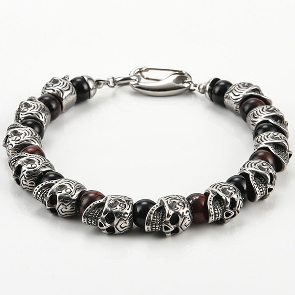 Natural Stone Skull Beads Bracelet Men Gold Plated Stainless Steel Mens Boys Skeleton Bracelets