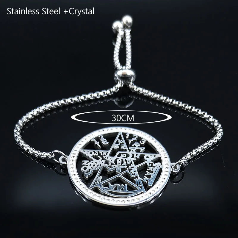 Witchcraft Tetragrammaton Protection Pentagram Crystal Stainless Steel Bracelet Women