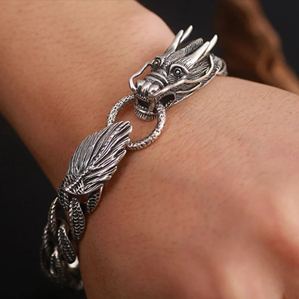 Mens Biker Sterling 925 Silver Dragon Curb Chain Bracelet