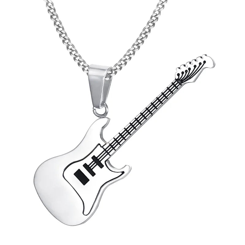 Men Musical Jewelry Stainless Based Rock HipHop Electric Guitar Bass Pendant Necklace for Women