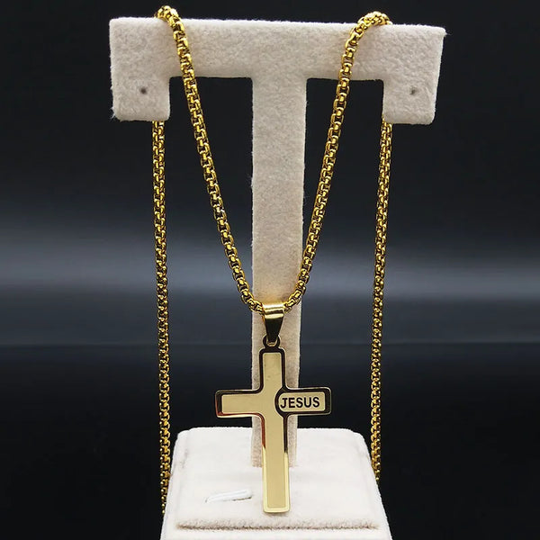 Gold Color  Stainless Steel Christian JESUS CROSS Pendant Necklaces for Men