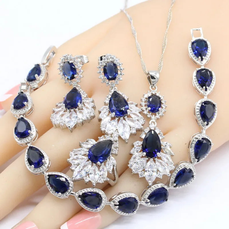 Dark Blue Zirconia Necklace Pendant Bracelets Earrings Rings Gift