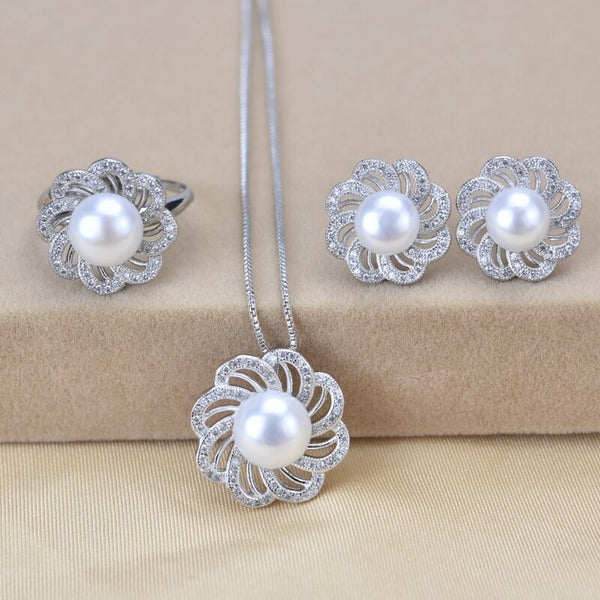 Fashion Pearl Jewelry Set Natural Freshwater Pearl Flower Necklace Earrings Ring