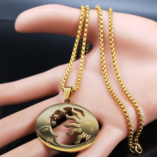 Witchcraft Moon and Sun Stainless Steel Necklace Women Gold Color Big Necklace