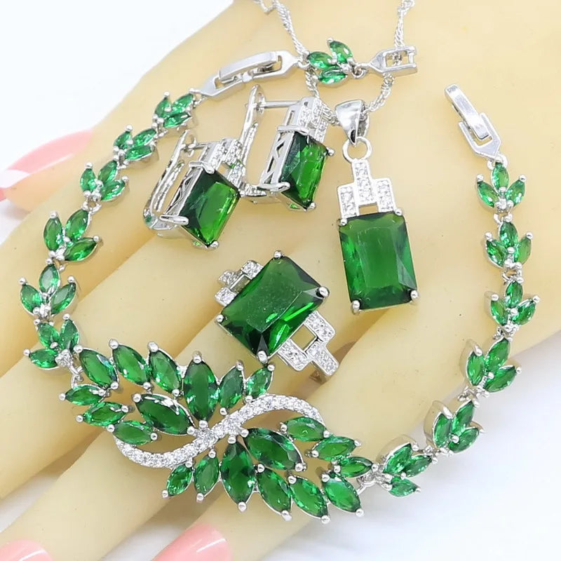 Geometric Green Semi-precious  Silver Color Jewelry Sets for Women