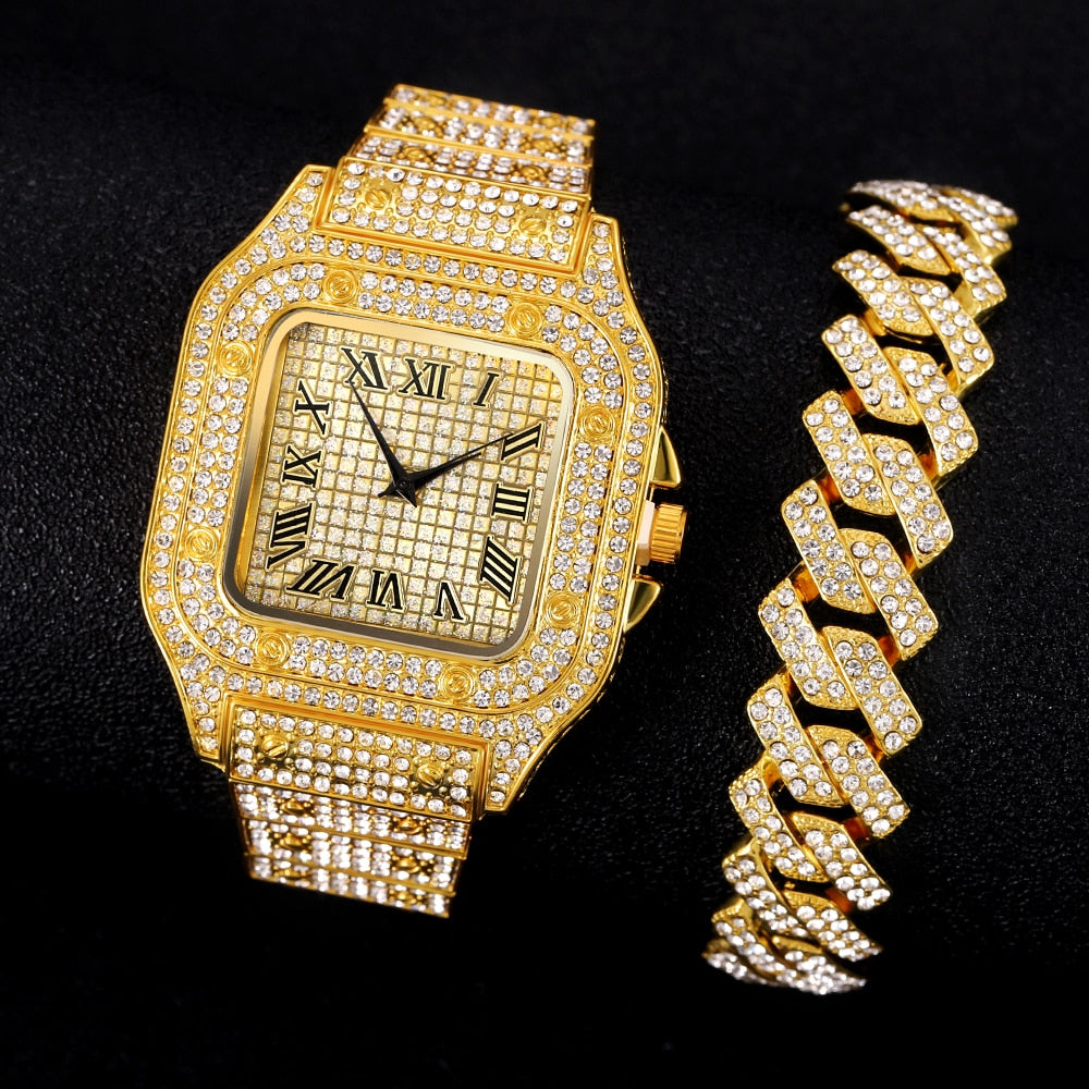 Mens Diamond Watch Bracelet for Men Luxury Iced Out Gold Watch