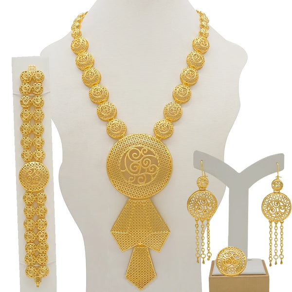 African Gold Color Long Necklace/Earrings/Ring Big Jewelry Set Women