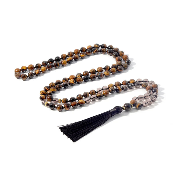 Yellow Tiger Eye Tea Crystal Mala Beads Knotted Necklace