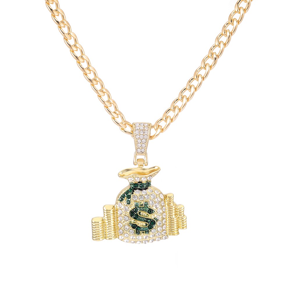 Hip Hop Money Bag With Dollar Logo Pendant Luxury Iced Out Necklace