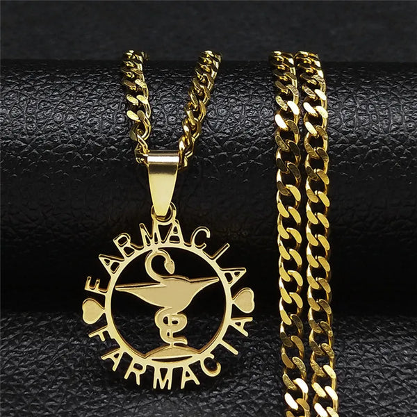 Farmacia Occupational Symbol Medal Stainless Steel Necklaces Gold Color Signs Pendants