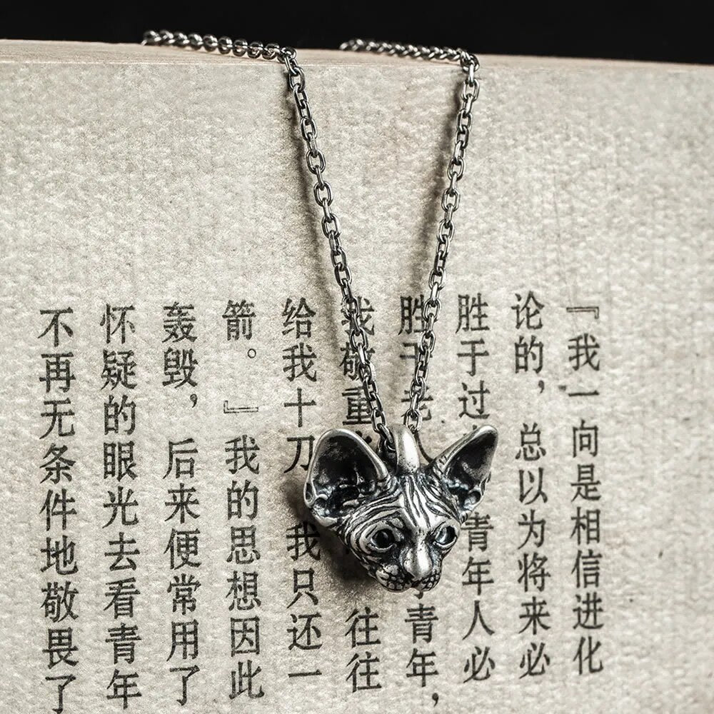 925 Sterling Silver Sphinx hairless Siamese Cat With Blue Eyes Pendant Necklace For Men Women