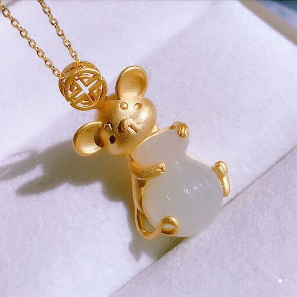 silver inlaid natural Hetian chalcedony creative childlike charm small mouse pendant necklace