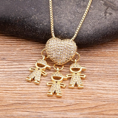 Hot Sale Son Daughter Heart Gold Color Cubic Zirconia Family Girl Boy Pendant Necklace