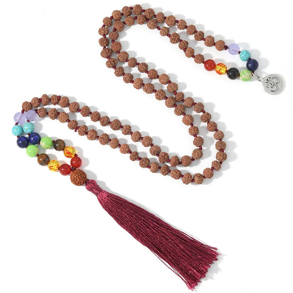 108 Original Rudraksha Beaded Knotted 7 Chakras Mala Necklace Meditation