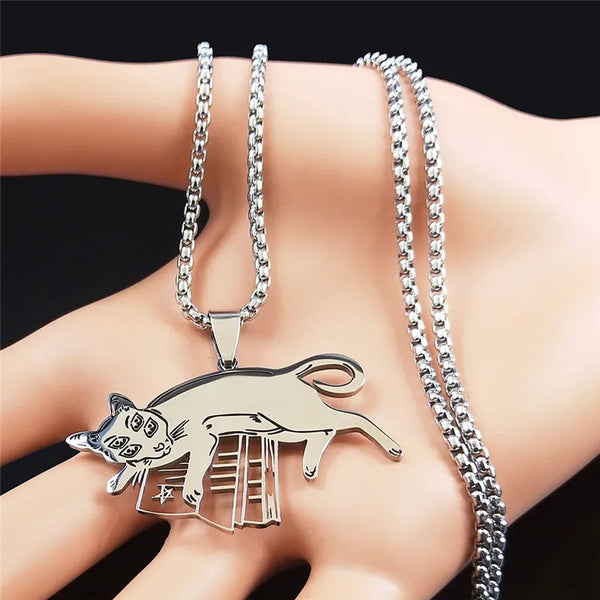 Witchcraft Cat Stainless Steel Pentagram Magic Book Pendant Necklaces Chain