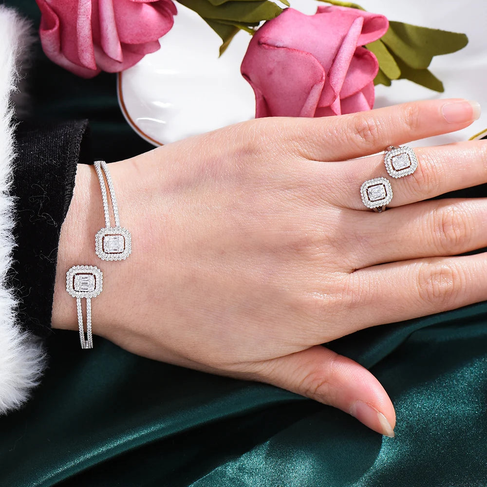 Be Original Geometric Sparkling Cute Bangle Ring Jewelry Set Women Girl Gift