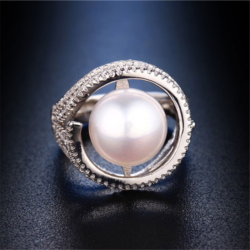 170 Zircon 10mm Genuine Natural Pearl Ring,925 Sterling Silver Rings for Women